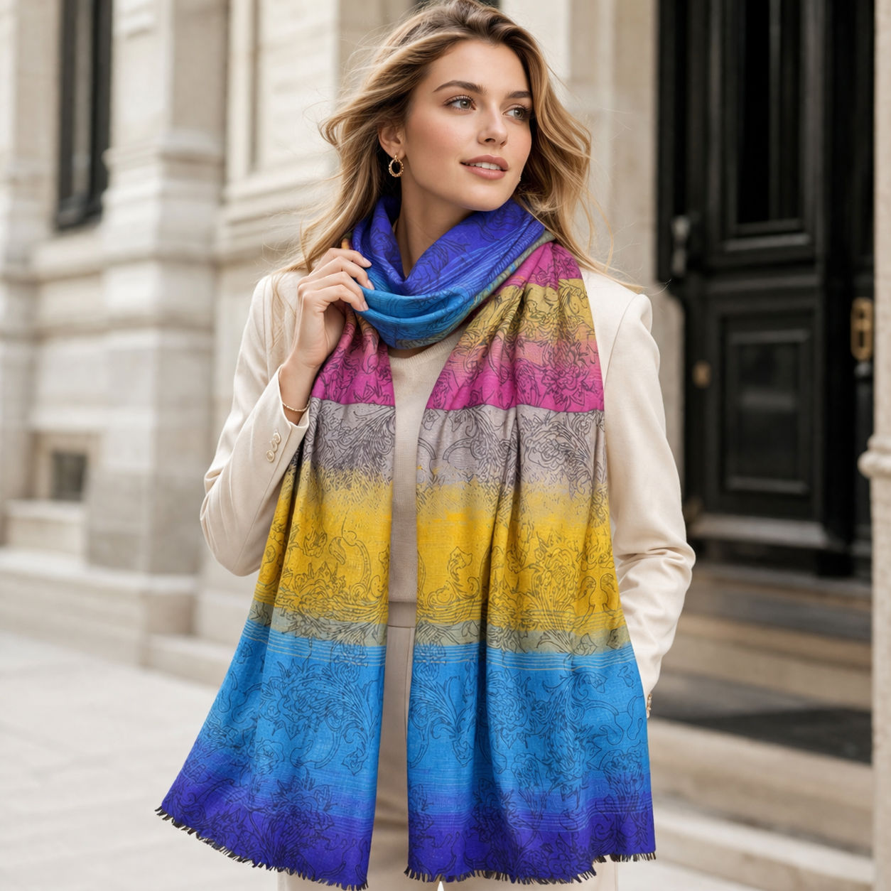 Turquoise Blue Scarf With Self Pattern
